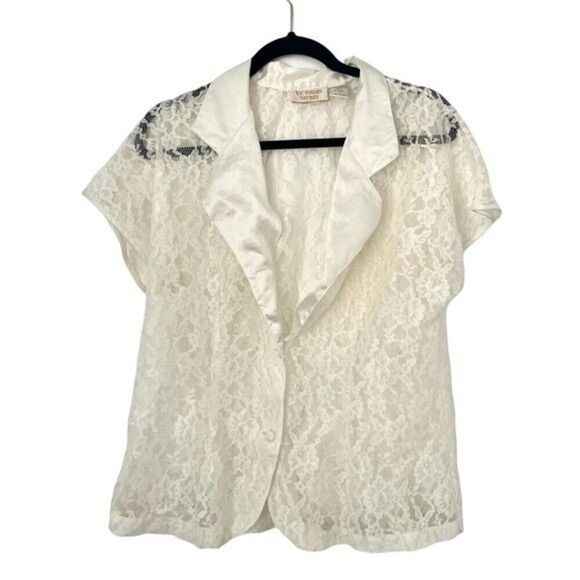 Vintage 1970s Victoria Secret Gold Label Cap Sleeve Ivory Lace Button down - Picture 1 of 13